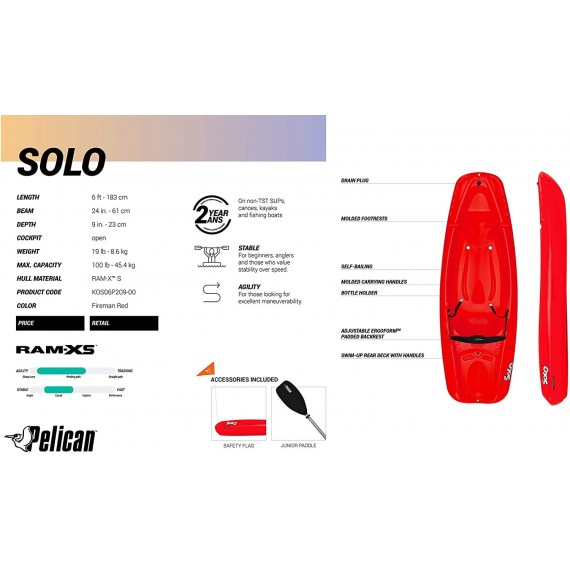 Pelican Solo 6 Feet Sit-on-top Youth Kayak |Pelican Kids Kayak|Perfect for Kids Comes with Kayak Accessories