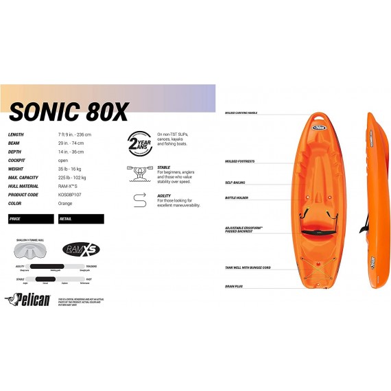 Pelican - Sonic 80X Youth Kayak - Sit-on-Top - Recreational Kayak - 8ft