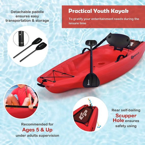 Goplus 6FT Youth Kayak, Kids Recreational Rowing Fishing Boat w/Paddle, Folding Backrest, Storage Hatche, 4-Level Footrest, Sit-On-Top Kayak Canoe for Children Over 5