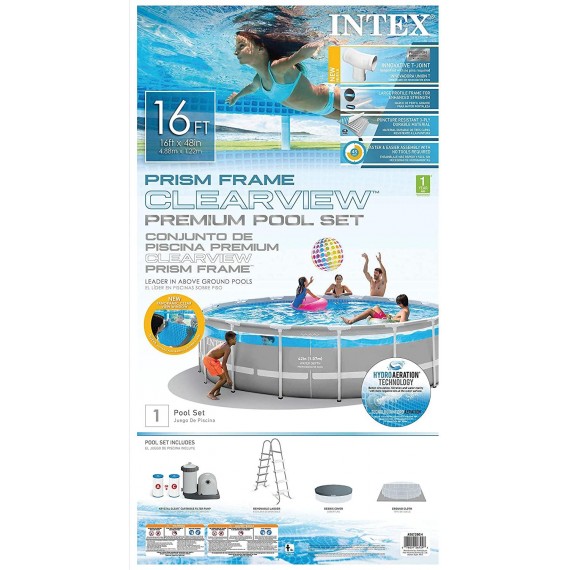 Intex 26729EH 16 Foot by 48 Inch Clearview Prism Fr Above Ground Swimming Pool with Filter Pump, Easy Set Up and fits up to 6 People